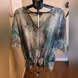 Jessica Teal and Gray V-Neck Printed Blouse